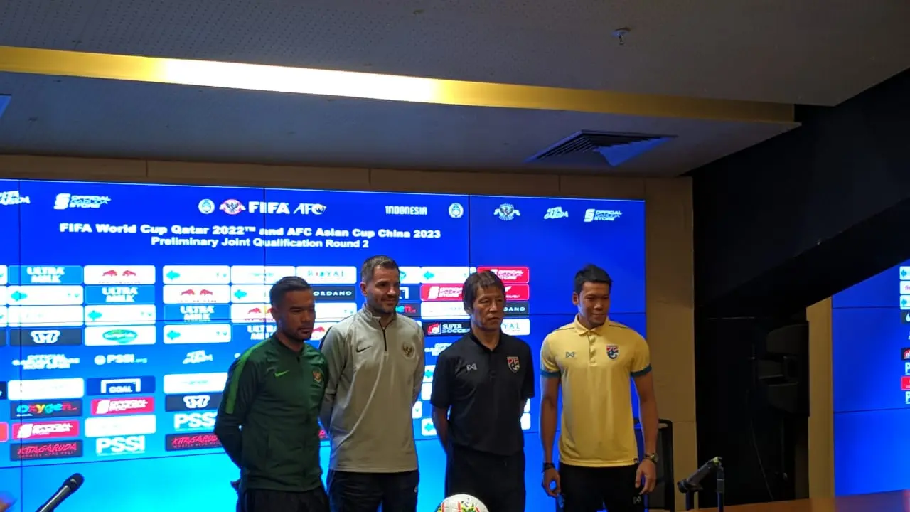 Sesi konferensi pers Timnas Indonesia dan Thailand di SUGBK, Senin (9/9/2019).