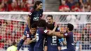 Para pemain Paris Saint Germain merayakan gol yang dicetak oleh Giovani Lo Celso ke gawang Les Herbiers pada laga final Piala Prancis di Stade de France, Selasa (8/5/2018). Paris Saint Germain menang 2-0 atas Les Herbiers. (AP/Francois Mori)