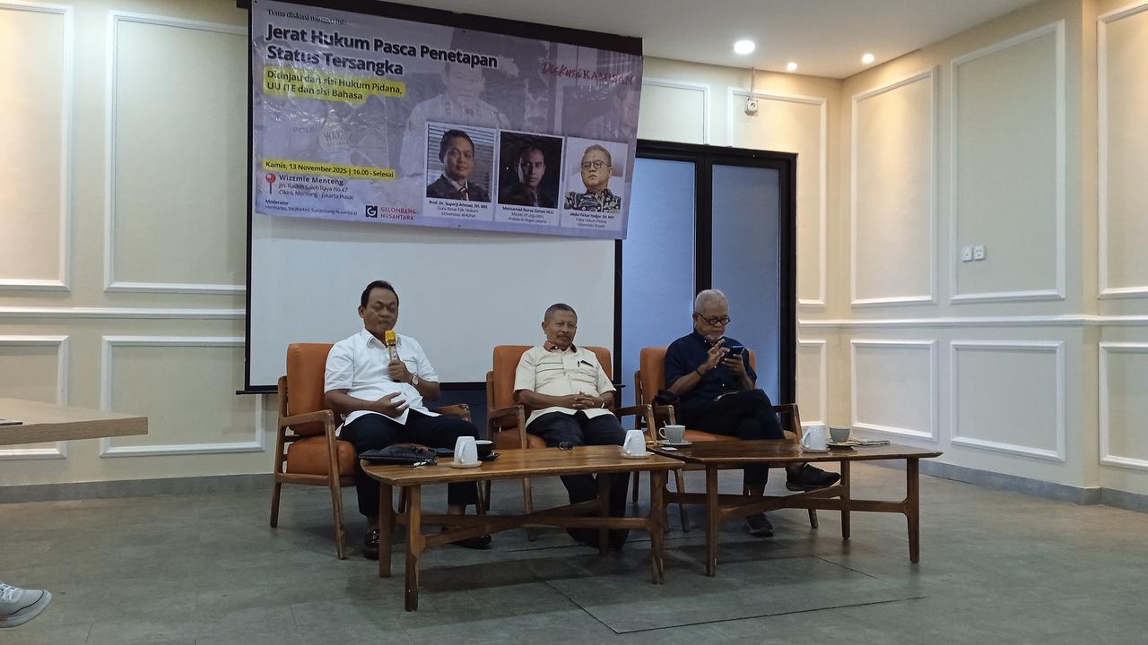 Pakar Hukum Universitas Al-Azhar, Suparji Ahmad dalam Diskusi Jerat Hukum Pasca Penetapan Status Tersangka di Menteng, Jakarta Pusat pada Kamis 13 November 2025.