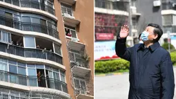 Foto kombinasi Presiden China Xi Jinping melambaikan tangan kepada warga yang dikarantina di rumah serta menyampaikan salam kepada mereka di area permukiman di Wuhan, 10 Maret 2020. Xi melakukan inspeksi terkait upaya pencegahan dan pengendalian wabah virus corona di Wuhan. (Xinhua/Xie Huanchi)