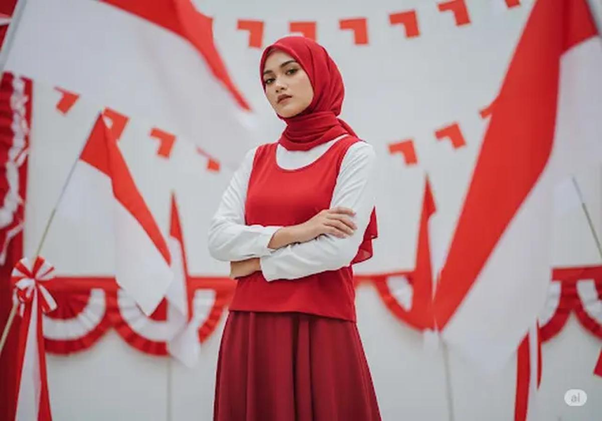 Jilbab Merah, Blouse Putih, dan Tank Top Outer/Outfit untuk Rayakan 17 Agustus (Sumber: gemini.com)