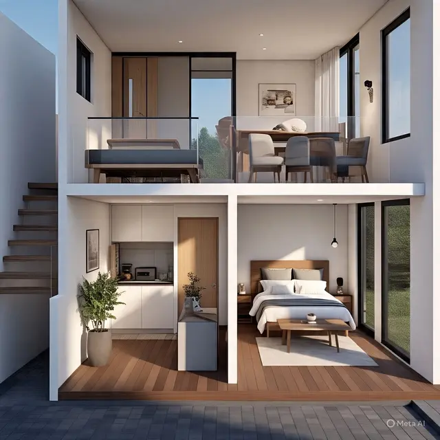 Desain Rumah Memanjang dengan Tata Ruang Linear (sumber gambar: Meta AI)