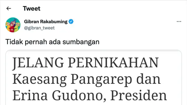 Unggahan Gibran Rakabuming soal amplop sumbangan di pernikahan Kaesang Pangarep. (Foto: Dok. Twitter @gibran_tweet)