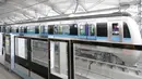 Kereta mass rapid transit (MRT) terparkir di depo  MRT Lebak Bulus, Jakarta, Selasa (28/8). Selama lima minggu, kereta akan bertahap diuji coba dari Depo Lebak Bulus hingga ke titik naik penumpang di stasiun. (Liputan6.com/Herman Zakharia)