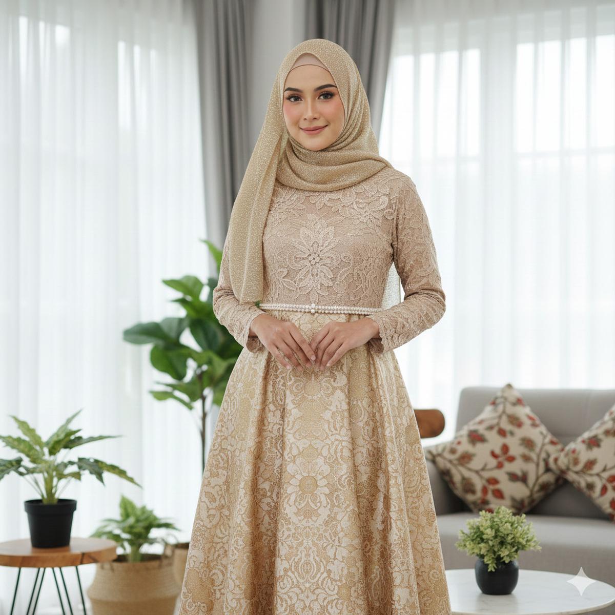 Gamis Batik Brokat Warna Champagne dengan Kerudung Gold Berkilau
