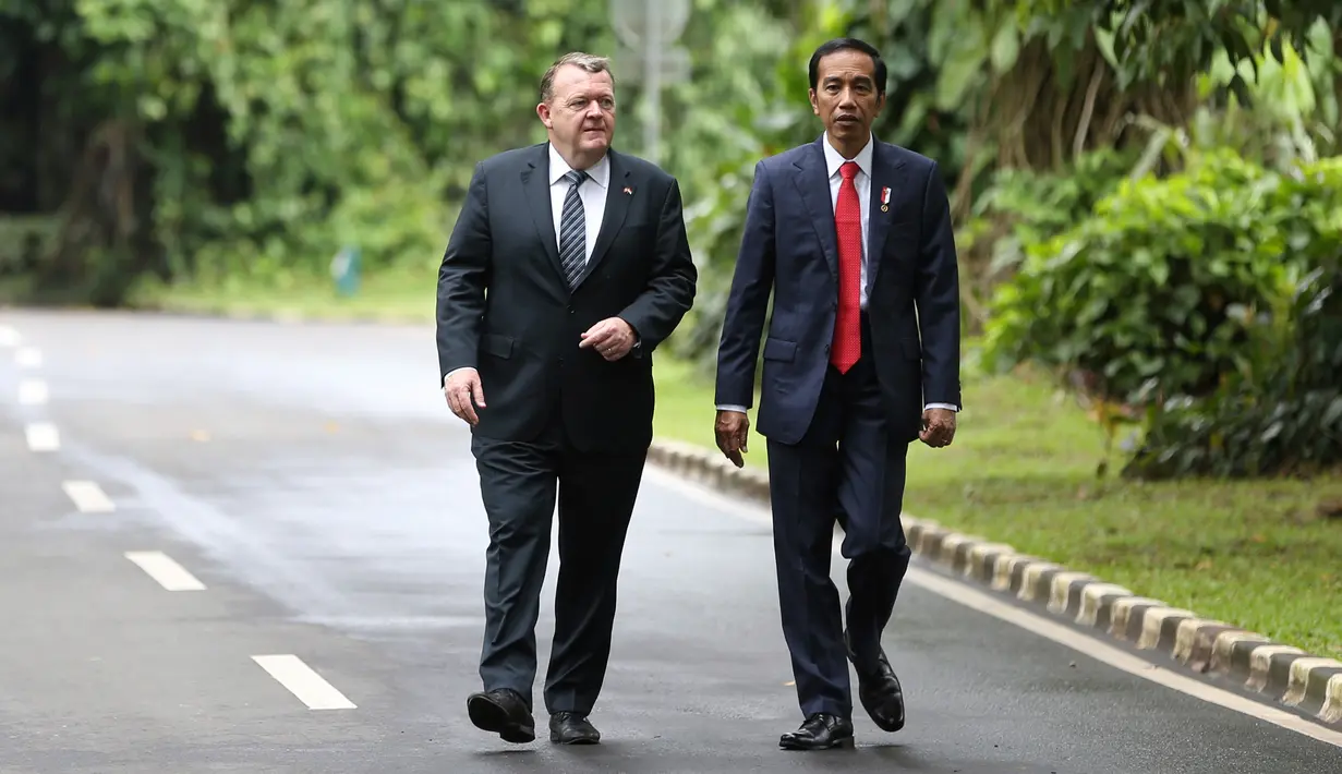 Presiden Jokowi dan PM Denmark Lars Lokke Rasmussen berjalan-jalan di Kebun Raya disela kunjungan kerja PM Denmark di Istana Bogor, Selasa (28/11). Indonesia dan Denmark membahas peningkatan kerja sama dalam pertemuan bilateral. (AP/Dita Alangkara)