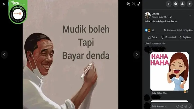 Gambar Tangkapan Layar Kabar Hoaks Mudik Boleh tapi Bayar Denda (sumber: Facebook)