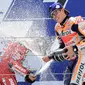 Ekspresi kegembiraan pembalap Repsol Honda, Marc Marquez, di podium MotoGP Aragon 2019, Minggu (22/9/2019). (AFP/Javier Soriano)