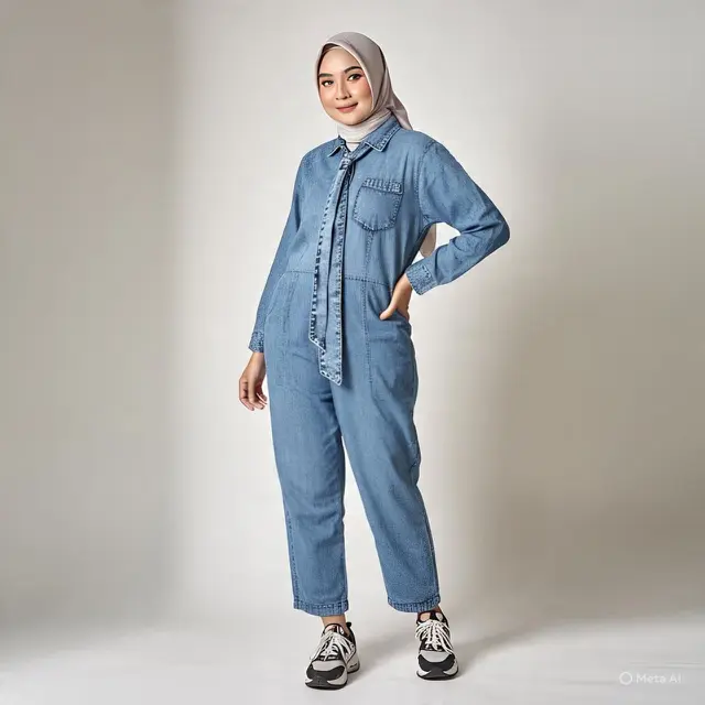 Kemeja Denim dengan Dasi Panjang