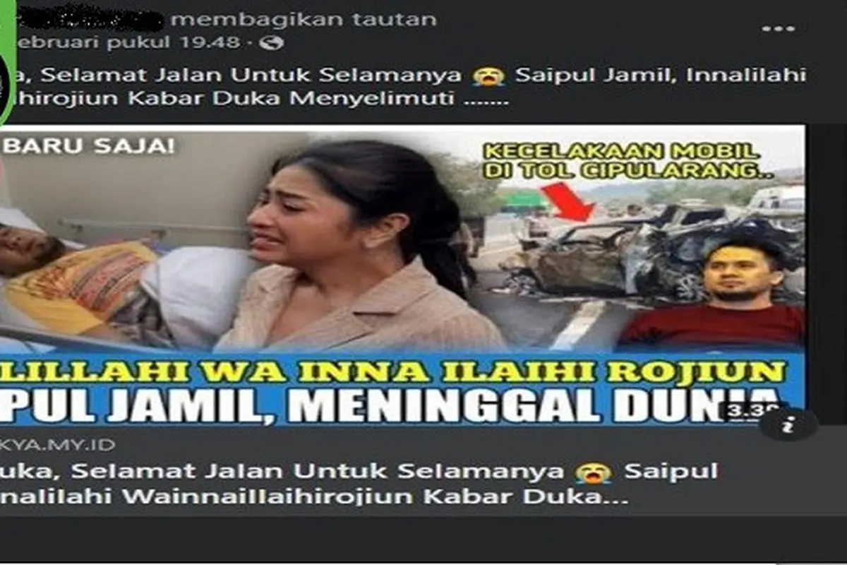 Gambar Tangkapan Layar Kabar Hoaks Saipul Jamil Meninggal Dunia pada 23 Februari 2022 (sumber: Facebook).