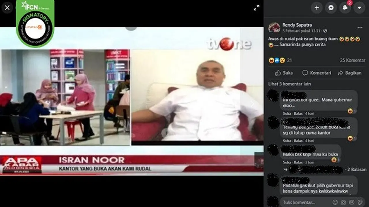 Gambar Tangkapan Layar Kabar Hoaks Gubernur Kaltim Isran Noor akan Rudal Kantor yang Tetap Buka (sumber: facebook)