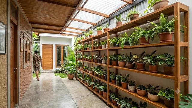 Inspirasi Lorong Rumah yang Cocok untuk Penghubung Dua Bangunan Model Multifungsi dengan Rak Tanaman