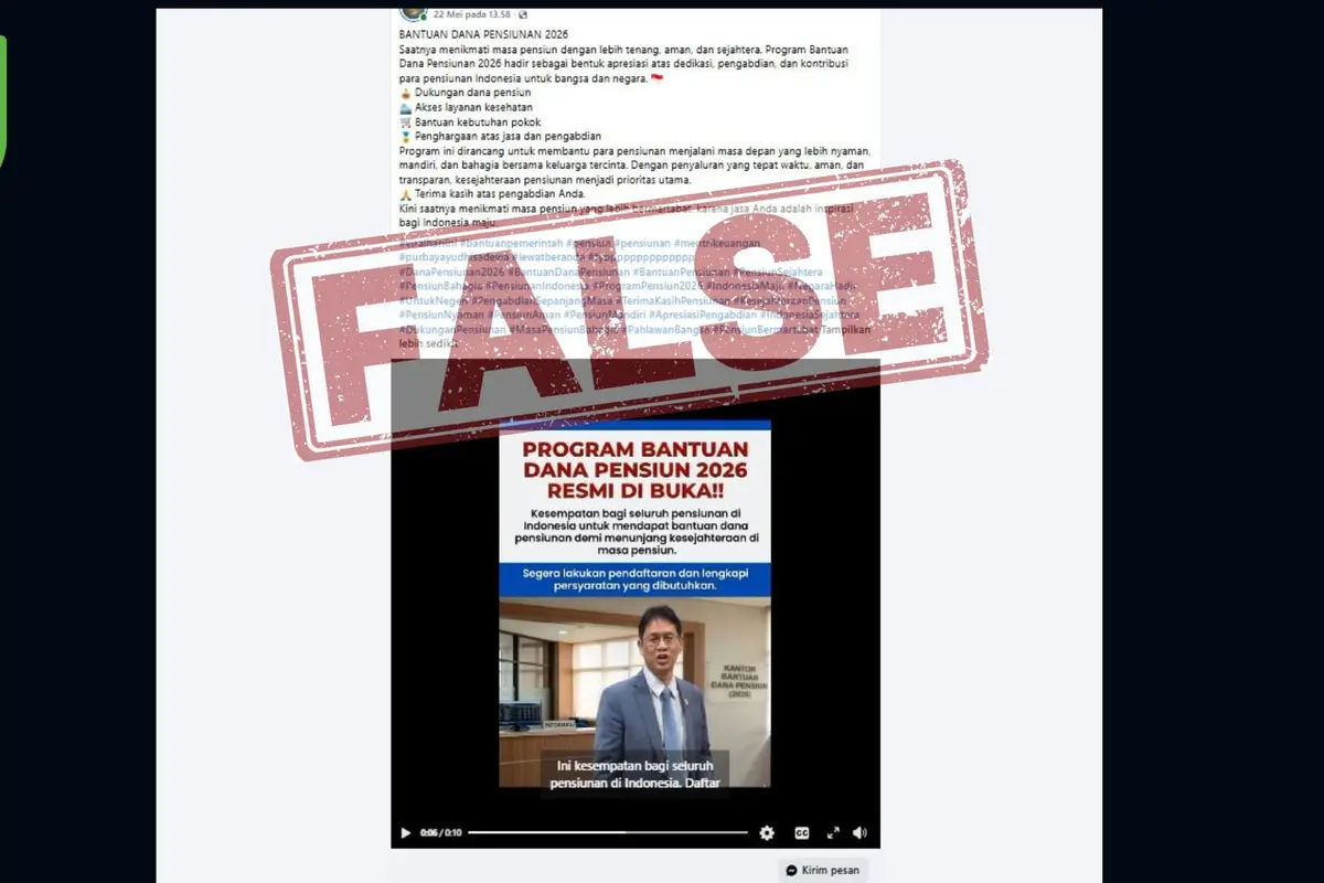 Cek Fakta Liputan6.com menangkap layar klaim video Menkeu Purbaya umumkan program bantuan dana pensiun