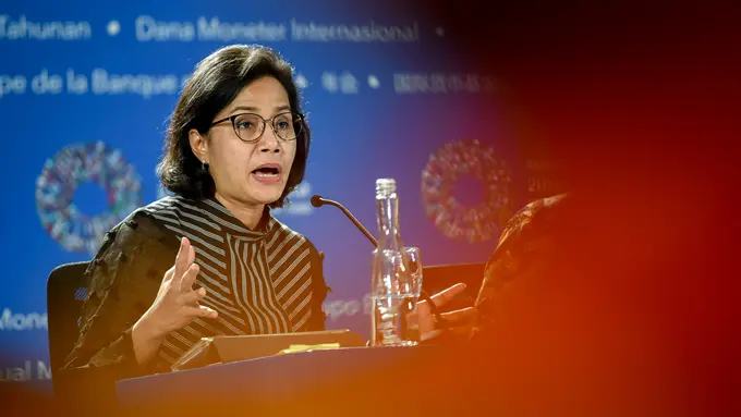 Sri Mulyani pada rangkaian Pertemuan Tahunan IMF-Bank Dunia 2018 di Bali