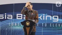 Presiden Joko Widodo memberi sambutan saat menghadiri Indonesia Banking Expo (IBEX) 2019 di Jakarta, Rabu (26/11/2019). IBEX 2019 untuk memberi rekomendasi terkait konsolidasi keuangan dan bisnis fintech guna menciptakan ekosistem keuangan yang kuat, efektif dan efisien. (Liputan6.com/Angga Yuniar)