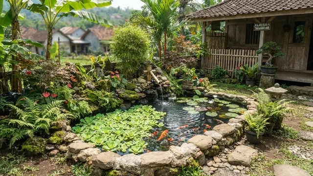 Tanaman air yang cocok untuk kolam mini bergaya Jepang model dengan tanaman kiambang