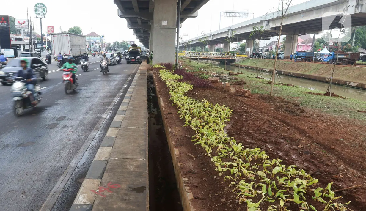 Pengendara melintas dekat lahan yang dibuat menjadi kawasan hijau di bawah kolong Tol Becakayu atau Bekasi-Cawang-Kampung Melayu, Jakarta, Kamis (5/1/2023). Perlu diketahui, progres penghijauan di area kolong Tol Becakayu telah dilakukan sepanjang 2,7 kilometer dari total yang akan dihijaukan 5 kilometer. (Liputan6.com/Herman Zakharia)