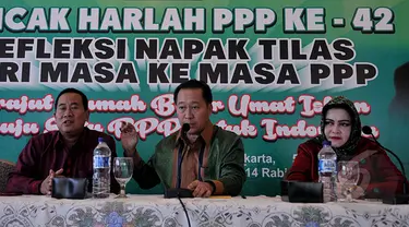 PPP kubu Djan Faridz menggelar konferensi pers terkait Mukernas yang diadakan oleh PPP Kubu Romahurmuziy, Jakarta, Senin (16/2/2015). Menurut mereka Mukernas yang diadakan oleh PPP Kubu Romi adalah ilegal(Liputan6.com/ Johan Tallo)