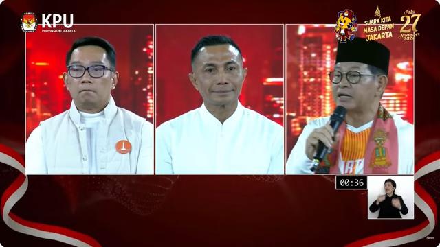Ketiga Cagub Jakarta Ridwan Kamil, Dharma Pongrekun, dan Pramono Anung dalam debat perdana Pilkada Jakarta 2024.