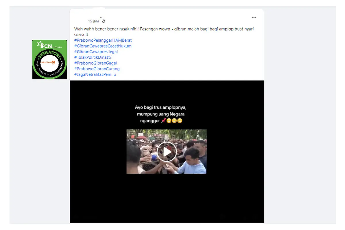 Tangkapan layar klaim video Gibran bagikan amplop berisi uang