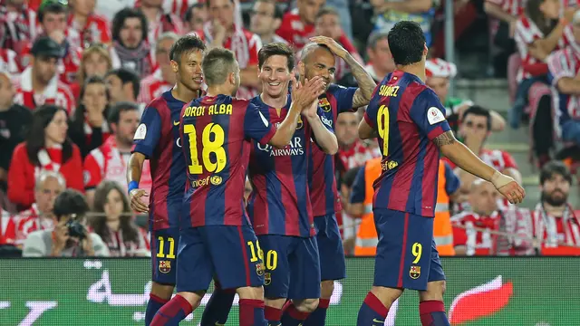 Para pemain Barcelona rayakan gol ke gawang Bilbao (Reuters)