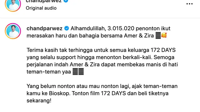 Unggahan Chand Parwez Servia soal performa film 172 Days. (Foto: Dok. Instagram @chandparwez)