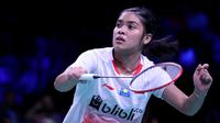Tunggal putri Indonesia, Gregoria Mariska Tunjung, kalah dari Saina Nehwal 11-21, 12-21, pada semifinal Denmark Terbuka 2018, Sabtu (20/10/2018). (PBSI)