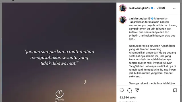 Unggahan Zaskia Sungkar. (Foto: Dok. Instagram @zaskiasungkar15)