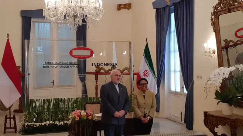 Menteri Luar Negeri Iran, Javad Zarif, bertemu Menteri Luar Negeri RI, Retno Marsudi di Gedung Pancasila, Kementerian Luar Negeri RI (Liputan6.com/Rizki Akbar Hasan)