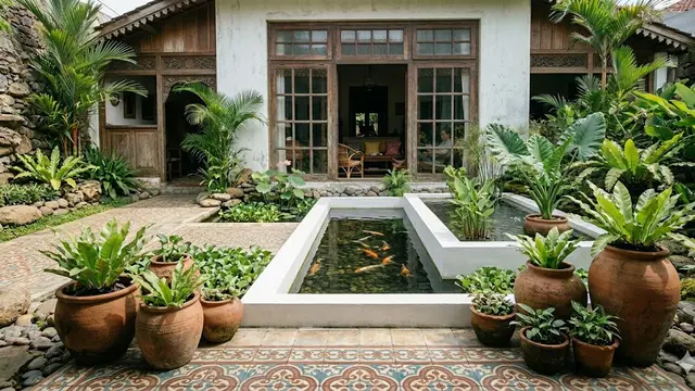 Model Teras Depan Jadul dengan Kolam Ikanf