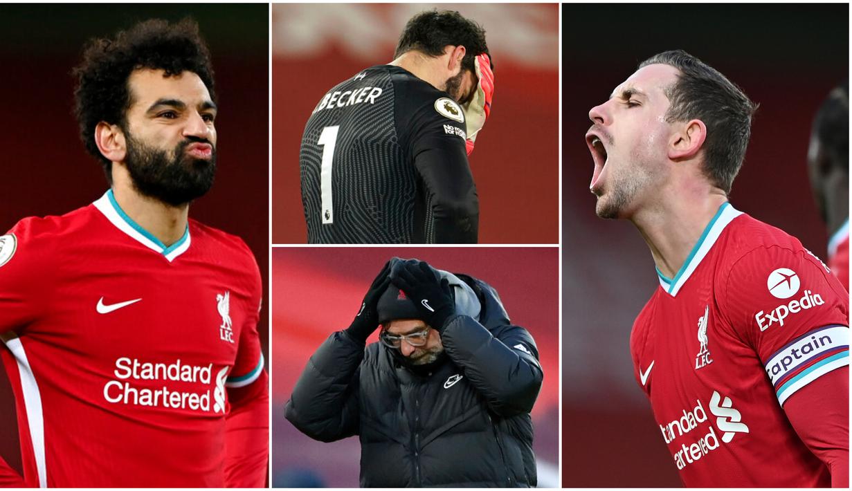 Para pemain Liverpool tak mampu menutupi kekecewaan usai dibuat hancur lebur oleh Manchester City pada laga Liga Inggris. Berikut ragam reaksi para penggawa The Reds. (Foto Kolase AP dan AFP)