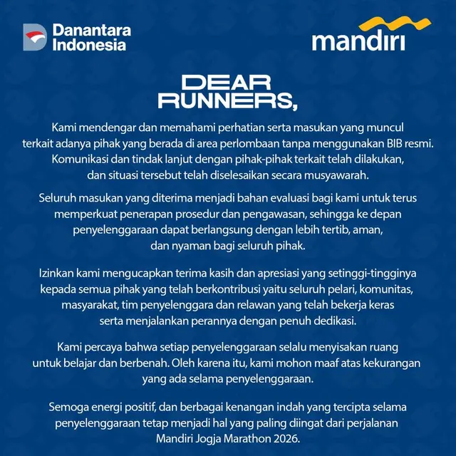 Unggahan akun Instagram resmi Mandiri Jogja Marathon 2026 (@mandiri_jogmar)