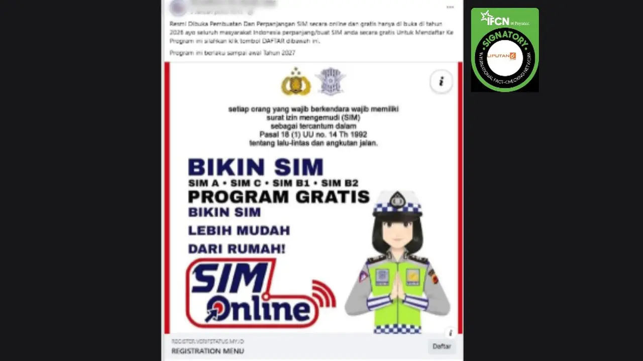 Tangkapan layar klaim tautan pendaftaran untuk pembuatan dan perpanjangan SIM gratis 2026 yang beredar di Facebook.