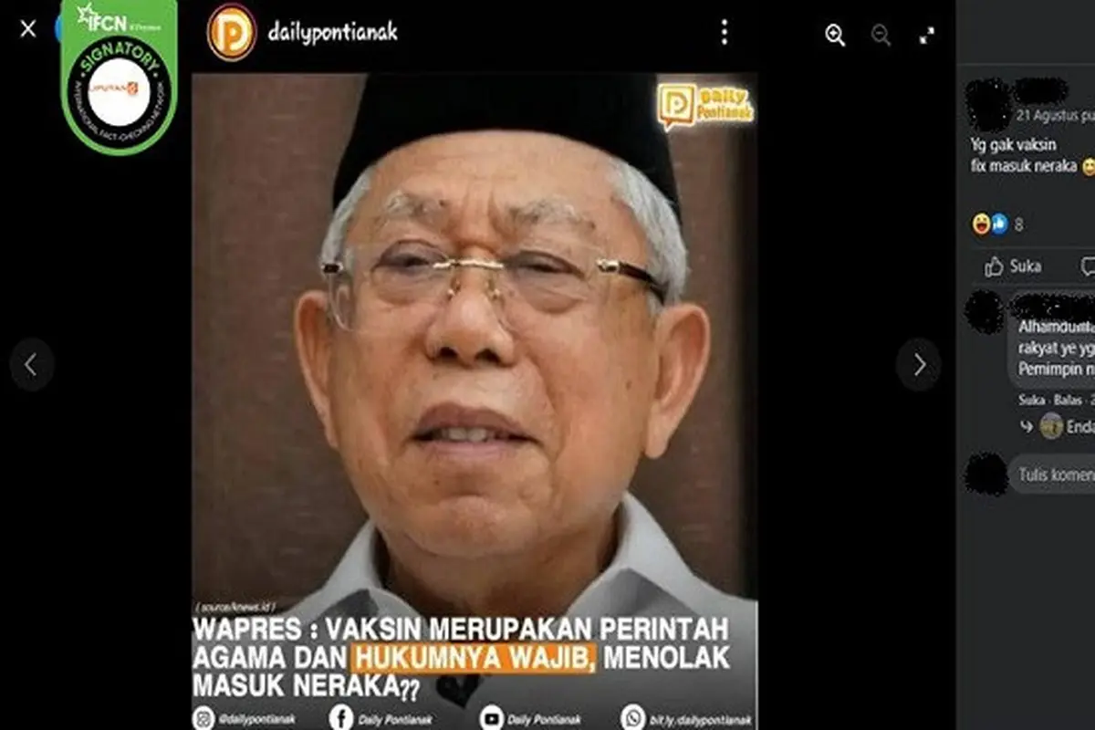 Gambar Tangkapan Layar Kabar Ma'ruf Amin Sebut Menolak Vaksin Masuk Neraka (sumber: Facebook).