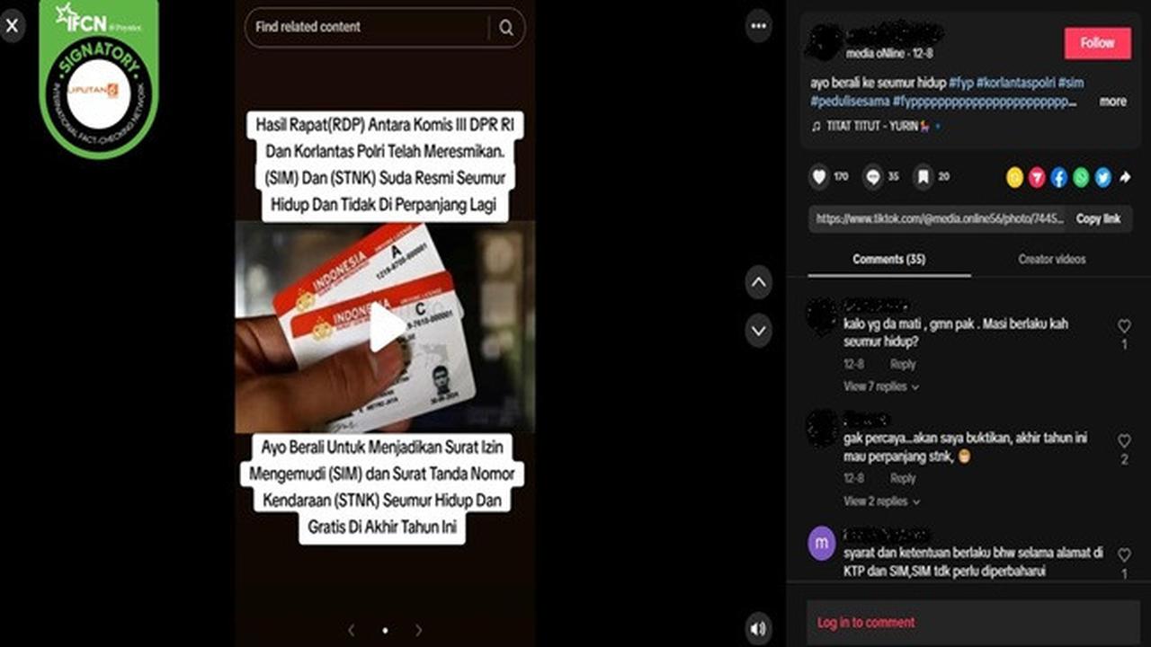 Gambar tangkapan layar kabar tentang DPR-Korlantas Polri meresmikan SIM dan STNK seumur hidup. (sumber TikTok)