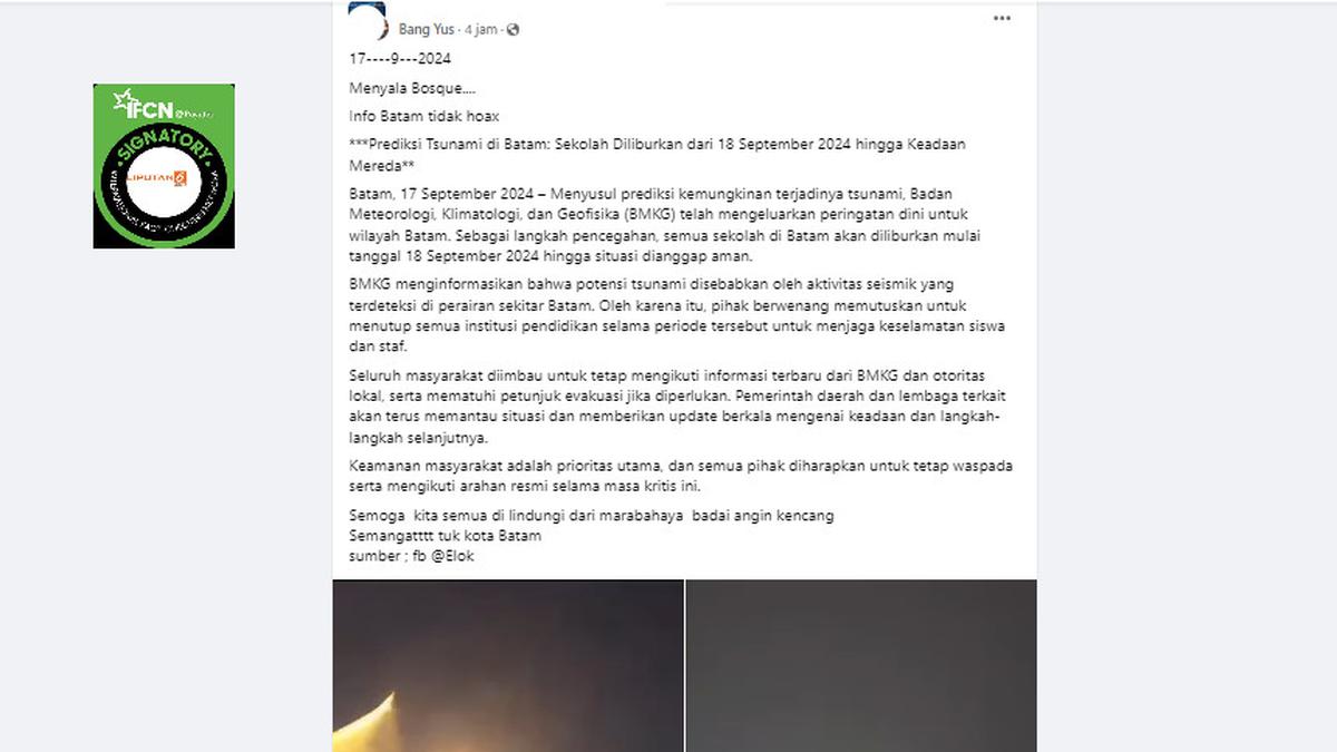 Cek Fakta: Tidak Benar BMKG Prediksi Tsunami di Wilayah Batam Berita Viral Hari Ini Kamis 19 September 2024