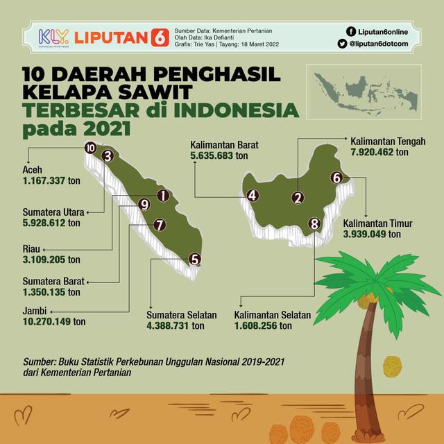 infografis 10 Daerah Penghasil Kelapa Sawit Terbesar di Indonesia pada 2021. (Liputan6.com/Tri Yasni).