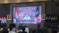 Menteri Hukum dan Hak Asasi Manusia (HAM) Yasonna Laoly saat membuka Seminar Nasional bertema Menyongsong Berlakunya Hukum yang Hidup dalam Masyarakat berdasar UU No.1 tahun 2023 tentang KUHP di Gedung Graha Pengayoman Kantor Kementerian Hukum dan HAM, Jakarta, Senin (24/7/2023). (Liputan6.com/Radityo Priyasmoro)