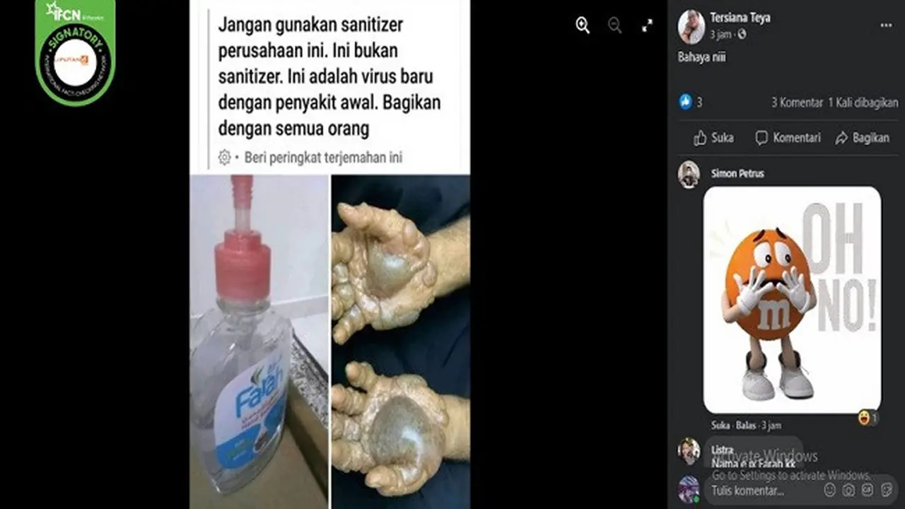 Gambar Tangkapan Layar Klaim Hand Sanitizer Ini Mengandung Virus (sumber: Facebook)