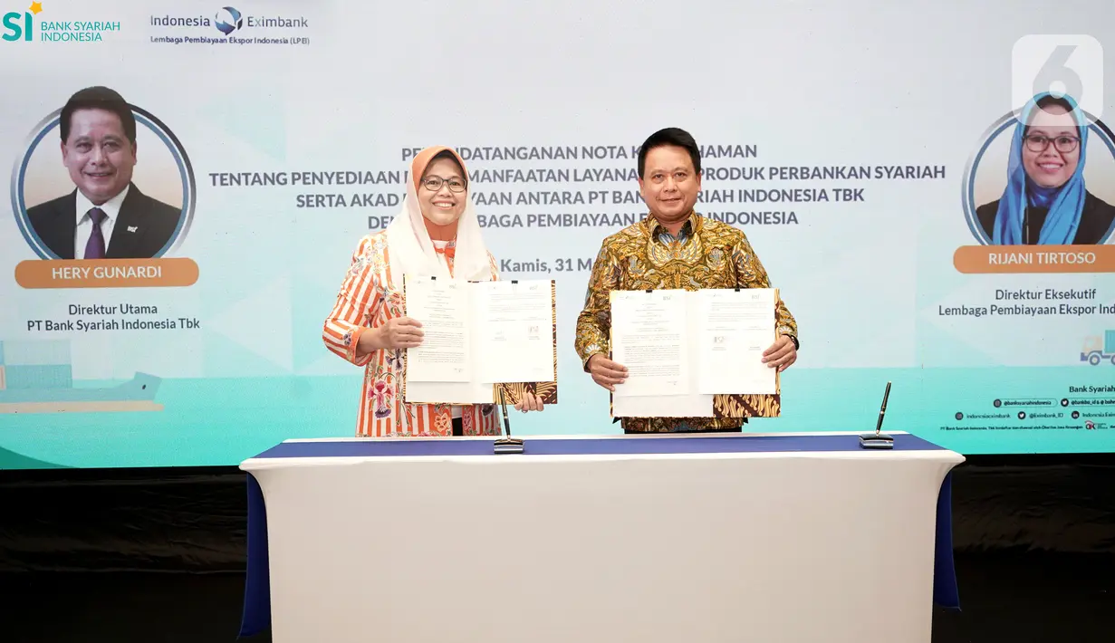 Bank Syariah Indonesia akan bekerja sama dengan Lembaga Pembiayaan Ekspor Indonesia (LPEI) untuk pengembangan ekosistem halal di Indonesia melalui pembiayaan berbasis syariah, pendanaan, maupun transaksi digital. BSI siap mendukung bisnis syariah LPEI. (Liputan6.com/HO/BSI)