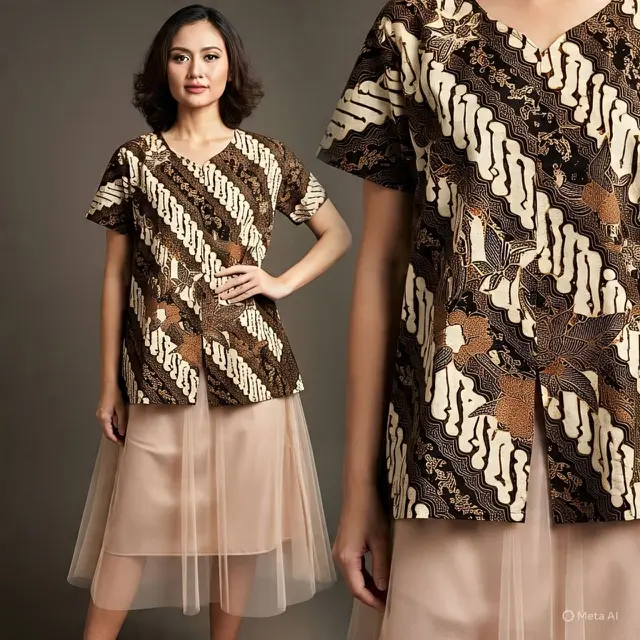 Model Baju Batik Atasan dan Bawahan Rok Terbaru #2: Blus Batik Simple dengan Rok Tulle Polos