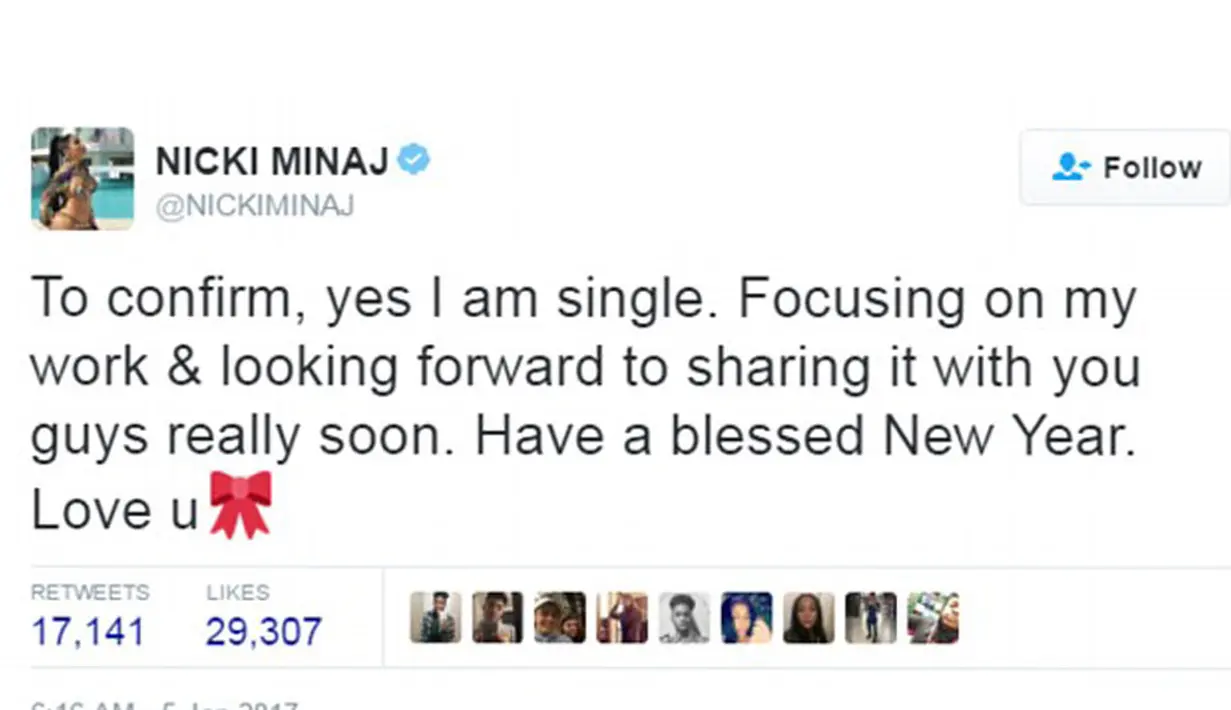 “Ya, aku lajang. Fokus pada karir dan untuk berbagi dengan kamu di waktu mendatang. Semoga Tahun Barunya diberkati. Cinta kamu,” tulis Nicki Minaj di akun @NICKIMINAJ miliknya. (doc.dailymail.com)