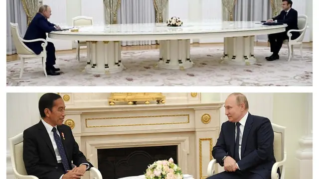 Perbandingan saat pertemuan Vladimir Putin dengan Presiden Prancis Emmanuel Macron dan Presiden Indonesia Joko Widodo. (Sputnik/AFP/Kremlin/Fotoram.io)