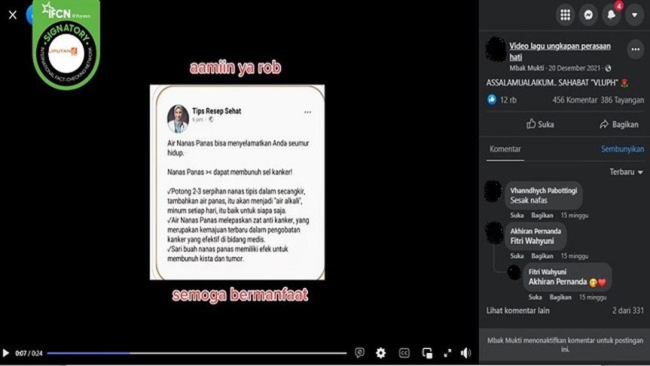 Gambar Tangkapan Layar Klaim Palsu Air Nanas Panas Bisa Membunuh Sel Kanker (sumber: Facebook).
