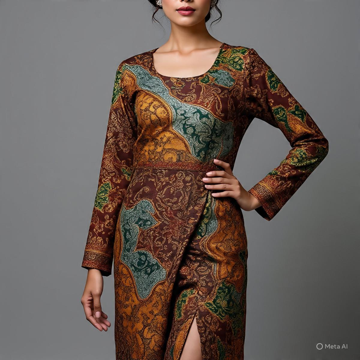 Dress Panjang Batik Kombinasi Brokat dengan Belah Samping