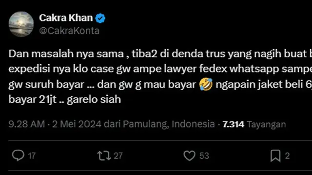 Cakra Khan Curhat soal Pengalaman Tak Mengenakkan dengan Bea Cukai, Disuruh Bayar Jaket Rp21 Juta