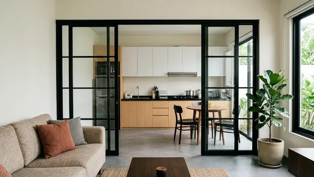 Pintu Geser Kaca Bening Berbingkai Hitam