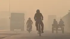 Pengendara melintas di sepanjang jalan di tengah kondisi kabut asap di Lahore, Pakistan (23/11/2021). Kondisi kabut asap yang memburuk membuat Lembaga pendidikan, kantor swasta tutup selama tiga hari seminggu di Lahore. (AFP/Arif Ali)