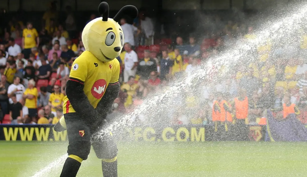 1. Maskot dari Watford bermain air sesaat jelang laga Premier League melawan Arsenal di Stadion Vicarage Road, Watford, Inggris, Sabtu (27/8/2016). (Reuters/Andrew Boyers)