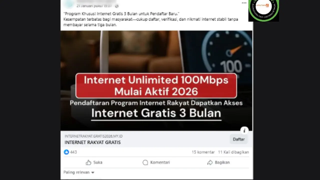 Tangkapan layar postingan klaim link pendaftaran Internet Rakyat gratis 3 bulan untuk pendaftar baru yang beredar di Facebook.